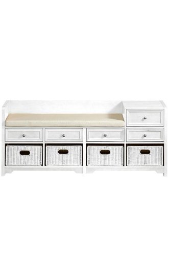Oxford Gossip Bench With Wicker Baskets And Ivory Fabric, 60 IVRY FABRIC, WHITE