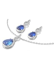 Sterling Silver Blue Sapphire CZ Tear Drop Earring & Necklace Set