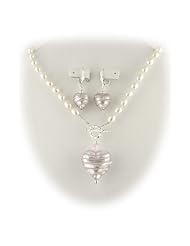 Pink Murano Glass Heart Pendant Freshwater Pearl Lariat Sterling Silver Toggle Necklace Earrings Set