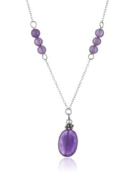 Sterling Silver Amethyst Beaded Necklace with Oval Bead Pendant Necklace , 18"