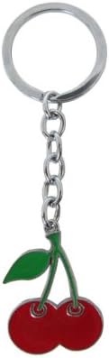Metal Keychain With Standard Key Ring and Enamel Accents - Red Cherries