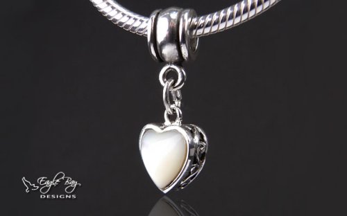 Silver Heart Dangle with Mother of Pearl and Filigree Design - Fits Pandora® Jewelry Bracelets - By Eagle Bay Designs