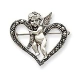 Sterling Silver Marcasite Cherub Heart Pin