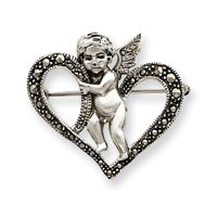 Sterling Silver Marcasite Cherub Heart Pin