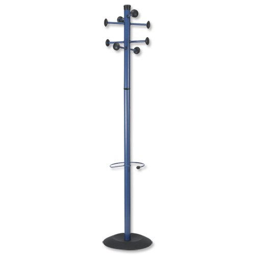 Alba Stan Hat and Coat Stand Tubular Steel with Umbrella Holder and 8 Pegs 1850mm Blue Ref PMSTAN2B