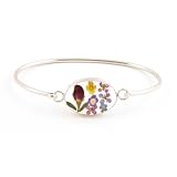 Sterling Silver Genuine Pressed Flower Oval Bangle Bracelet