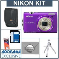 Nikon Coolpix S5100 Digital Camera Kit - Purple - with 8GB SD Memory Card, Camera Case, Table Top Tripod, Spare Rechargeable Li-ion Battery EN-EL10, 2 Year Extended Service Coverage