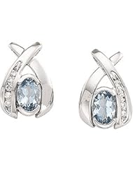 Pair 6X4/ 1/10Cttw 14K White Gold Genuine Aquamarine And Diamond Earring