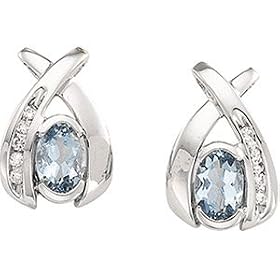 14K White Gold Genuine Aquamarine and Diamond Earrings by Shula NY