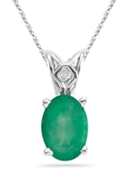 0.35 Cts of 6x4 mm A Oval Natural Emerald Solitaire Scroll Pendant in 14K White Gold