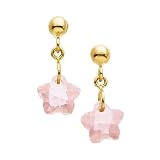 14K Yellow Gold Pink Cubic Zirconia Star Shaped Teen Dangle Earrings