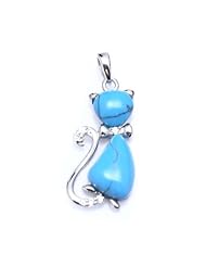 Turquoise with CZ Sterling Silver Kitty Cat Pendant Necklace with Rhodium Plated (Come with Delicated Sterling Silver Chain)