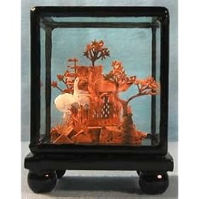 Chinese cork carving / sculpture / picture - hand carved, black lacquer frame (#626)