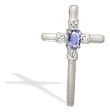 14K White Gold Genuine Oval Tanzanite and Diamond Cross Pendant