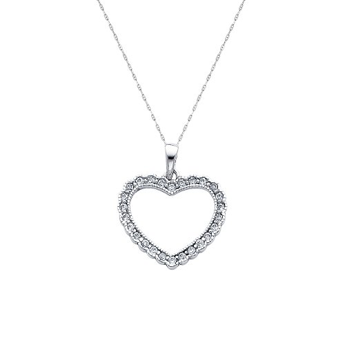 14K White Gold CZ Heart Charm Pendant with 1.0mm Anchor Link Mariner Chain Necklace Set - 18\
