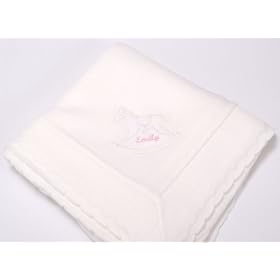 Personalised Baby Shawl with Rocking Horse Design and Baby's Name Embroidered in Pink. Baby Gift.