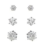 Set of Three Sterling Silver White CZ Post Earrings in 3mm 4mm and 5.25mm - Cute Gift Set