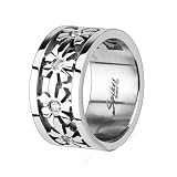 High Polished Stainless Steel Ring For Women with Multi Flowers around the Band and Small Cubic Zirconias in Center