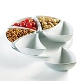 TRIANGULAR DISHES ON 12 ROUND TRAY - SET OF 6 WHITE PORCELAIN TRIANGULAR DISHES ON 12 ROUND TRAY