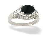 14K White Gold Genuine Oval Black Onyx and Diamond Antique Style Ring