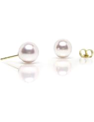 HinsonGayle AAA Handpicked Genuine Japanese Akoya 7.5-8.0mm White Cultured Pearl Stud Earrings (Solid 14K Yellow Gold)