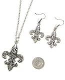Silver Fleur De Lis Necklace & Earrings Set, (New Orleans Saints)