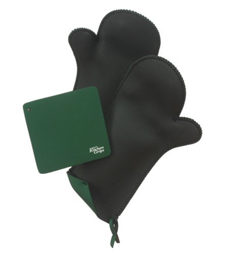 Kitchen Grips 2 Extra Length Oven Mitts and 1 Table Trivet, Hunter Green