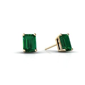 Buy 14K Yellow Gold Emerald-cut Created Emerald Stud Earrings
