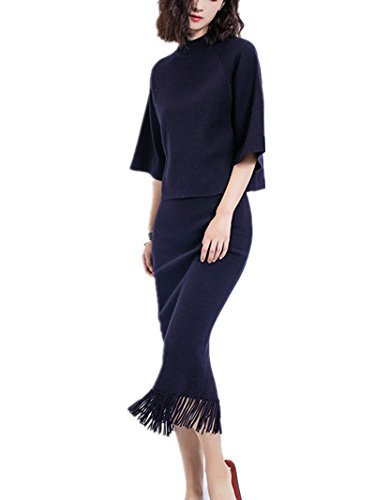 Caldol気品溢れ　セットアップスカート　フリンジロングスカート 細見え　無地 ニットセット 5分袖 セットアップ レディース