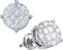 14k White Gold Quad Princess & Round Natural Diamond Cluster Screw-back Stud Fashion Unisex Mens Womens Earrings - .25 (1/4) Ct.t.w.