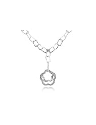 14K White Gold Matte-Finish Hammered-Finish Hand-Crafted Y-Shaped Necklace, Designed with a Flower-Shaped Open Link Drop and Enhanced with Pave Set Diamonds.