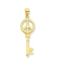 14K Solid Yellow Gold Shiny Peace Sign Key Charm Pendant