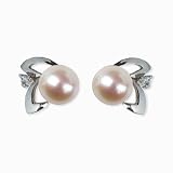 Natural White 5.5-6mm Aster 14k Gold Diamond Cultured Pearl Stud Earrings (White Gold) - Dahlia Classic Collection
