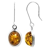 Sterling Silver Honey Color Amber Oval Simple Style Earrings Cabochon 8x10mm
