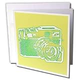 Kike Calvo photo Illustrations Rangefinder Camera - Picture of a Brazilian Green Rangefinder Camera on yellow background - Greeting Cards-12 Greeting Cards with envelopes