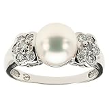 14k White Gold Diamond and Fresh Water Pearl Ring, 8.5mm