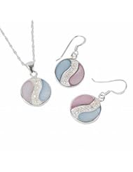Toc Sterling Silver Pink and Blue Pendant and Drop Earrings Set