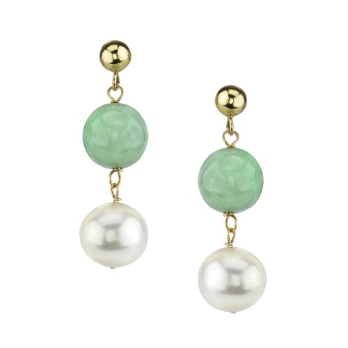 8-9mm White Freshwater Pearl and Green Jade Dangle Earrings with 14K Yellow Gold Posts