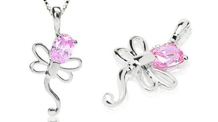 Oval Cut Pink Cz Dragonfly Pendant Sterling Silver