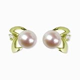 Natural White 5.5-6mm Aster 14k Gold Diamond Cultured Pearl Stud Earrings (Yellow Gold) - by Dahlia Classic Jewelry Collection