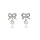 Eve's Addiction Sterling Silver Bow Earrings with Pearl Drop