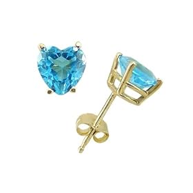 14k Yellow Gold Four Prong 6mm Heart-Shape Coated Blue Topaz Stud Earrings