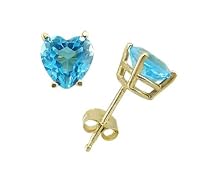 14k Yellow Gold Four Prong 6mm Heart-Shape Blue Topaz Stud Earrings