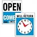 USS9382 - Reversible Open/Will Return Store/Business Sign with Clock Hands