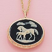 Mare and Foal Cameo Locket, Black with Gold Tone Chain