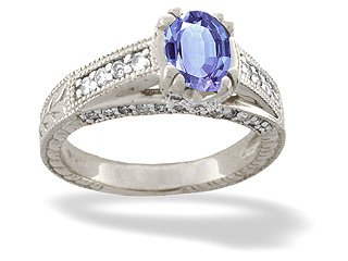 14K White Gold Genuine Oval Tanzanite and Diamond Antique Style Ring