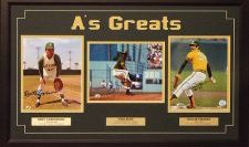Signed Oakland Athletics Framed 3 8x10 Collage Vida Blue, Bert Campaneris, and Rollie Fingers were all major contributors to the Oakland Athletics teams of the 70's. They each played a key role in the Althetics winning three consecutive World Series Titles. This great 3 photo framed piece comes hand signed by Vida Blue, Bert Campaneris, and Rollie Fingers. A nameplate for each player is also inclu