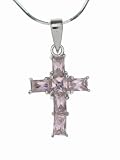 Sterling Silver Gem-Set Pink CZ Cross Pendant with Snake Chain