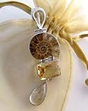 .925 Sterling Silver, Ammonite, Citrine and Rutilated Quartz Pendant