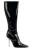 HEAT 4 1/2 Inch Sexy Knee High Boot Chrome Heel Pointed Toe Black Patent Pleaser